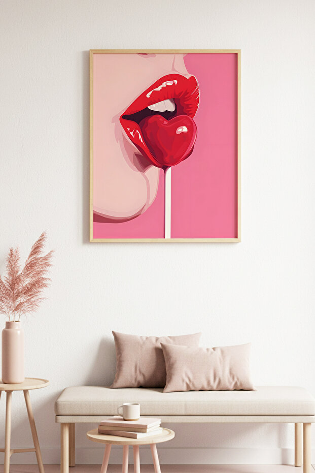 Natural Wood Framed Red Lip Pattern Painting - Pop Art Style | Huhu1955
