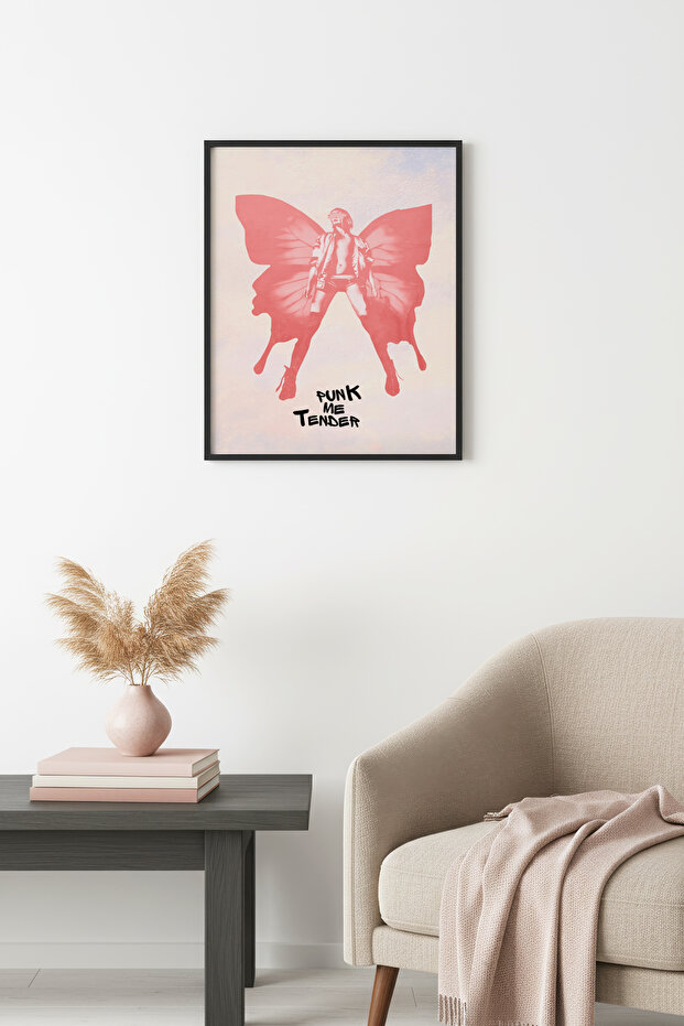 Black Wooden Framed Retro Butterfly Wing Painting - Pink Punk Theme | Huhu2439 - Single Table Black Frame