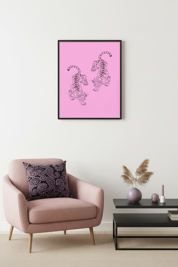 Black Wooden Framed Retro Painting - Vintage Animal with Tiger Pattern | Huhu2662 - Single Table Black Frame
