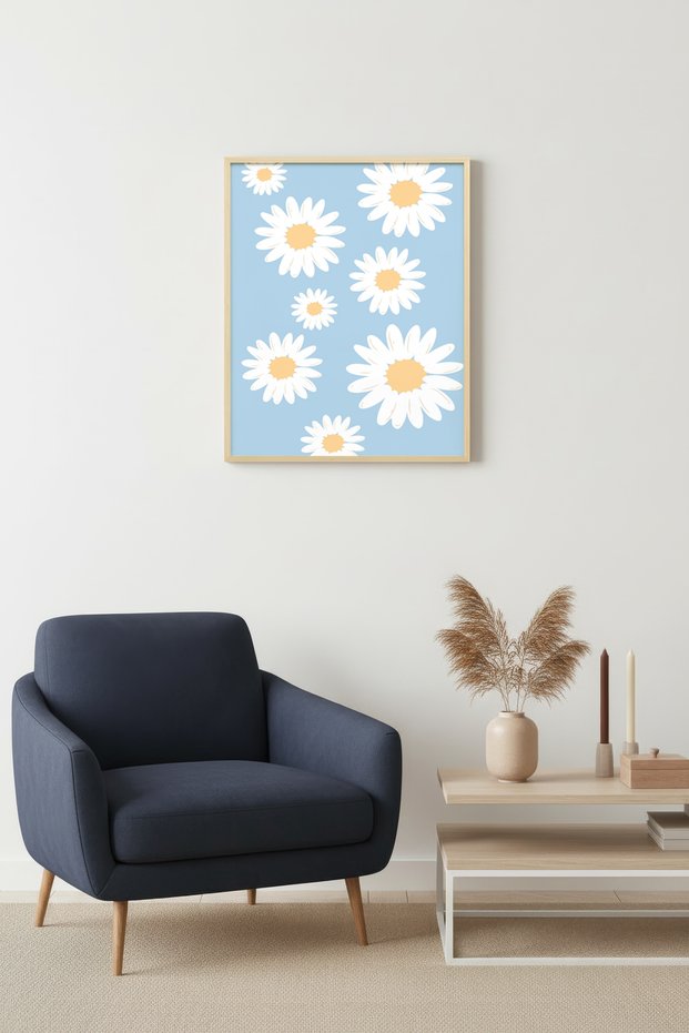 Natural Wood Framed Retro Painting - Yellow Daisy Floral Wall Decor | Huhu2620 - Single Table Natural Wood Frame