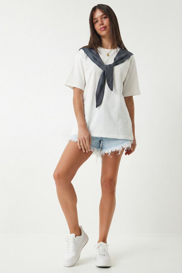 Contrast Scarf Detailed Knitted T-Shirt Lcr0120 White
