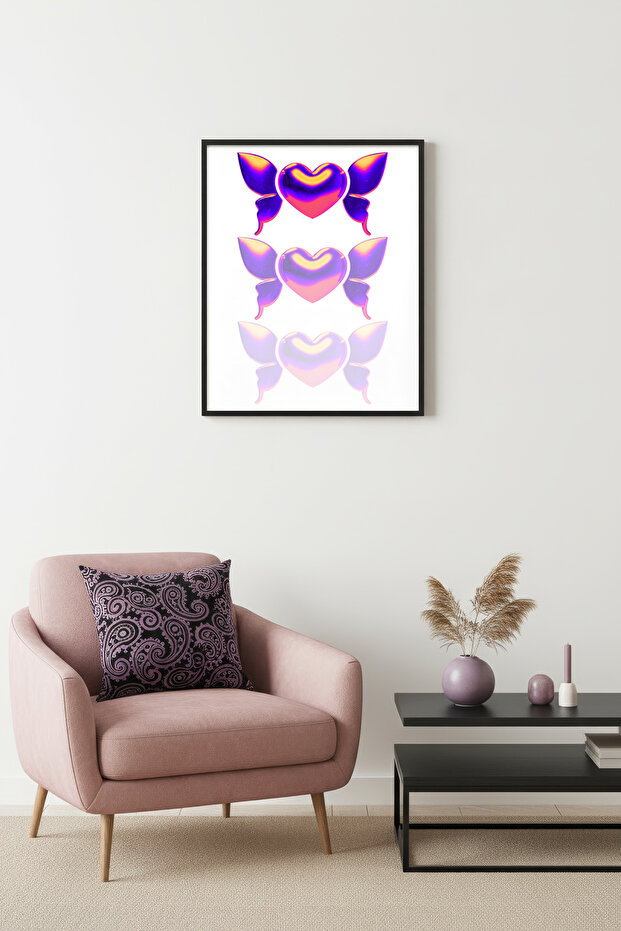 Black Wooden Framed Retro Heart Winged Painting - Iridescent Purple Pink | Huhu2829 - Single Table Black Frame