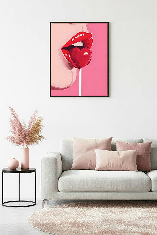 Natural Wood Framed Red Lip Pattern Painting - Pop Art Style | Huhu1955