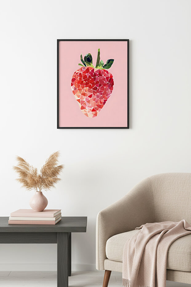 Natural Wood Framed Retro Strawberry Painting - Geometric Pattern | Huhu2539
