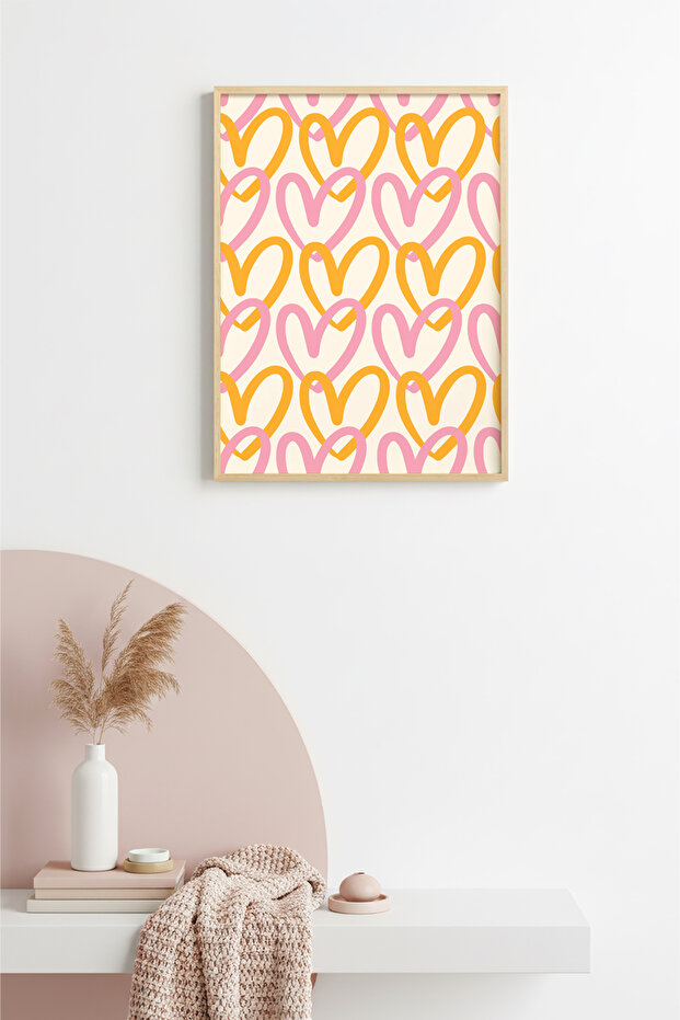 Natural Wood Framed Retro Painting - Heart Pattern Pop Art | Huhu2200 - Single Table Natural Wood Frame