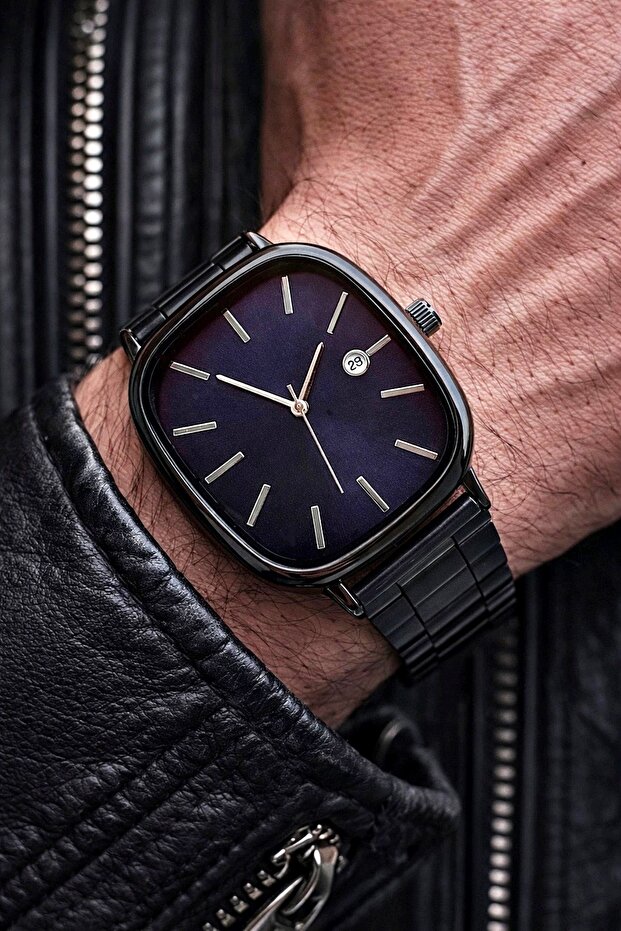 Men's Wristwatch Black Color Navy Blue Dial Calendar Sport & Classic Gift Boxed