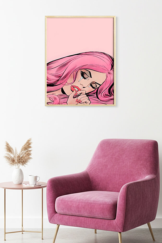 Natural Wood Framed Pop Art Portrait Painting - Pink Tones | Huhu1819 - Single Table Natural Wood Frame