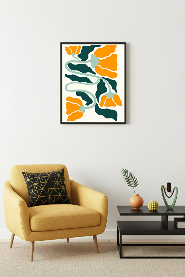 Black Wooden Framed Retro Painting - Large Orange Green Floral | Huhu2066 - Single Table Black Frame