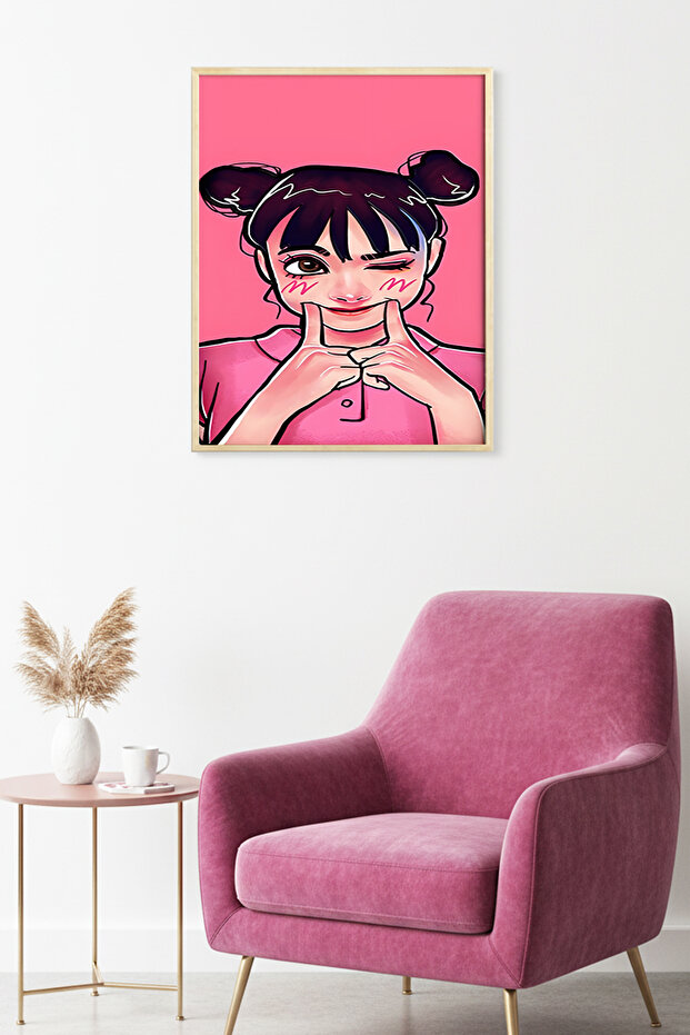 Natural Wood Framed Portrait Patterned Painting - Pink Tones | Huhu1871