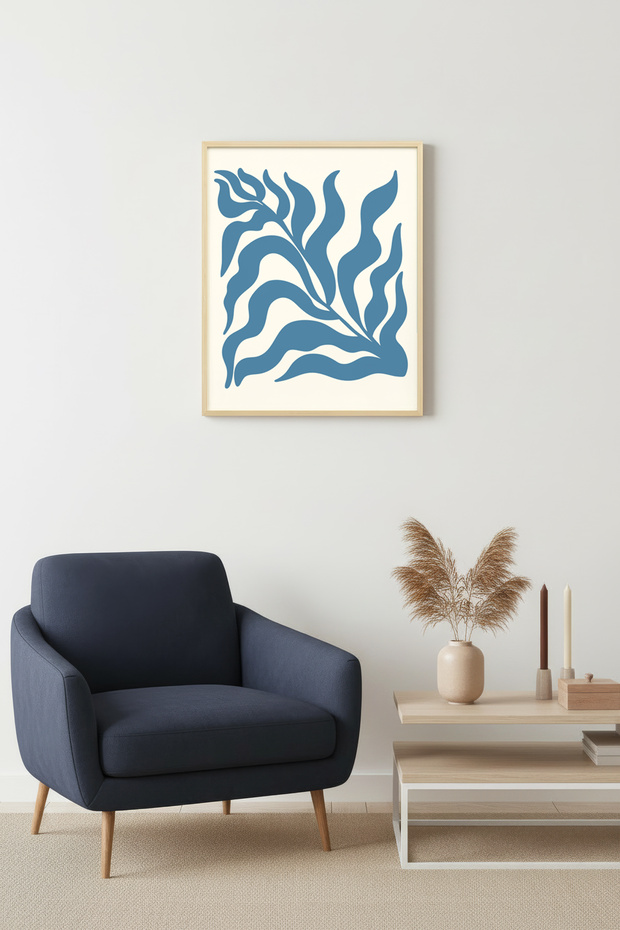 Natural Wood Framed Retro Leaves Painting - Tropical Botanical Pattern | Huhu2441