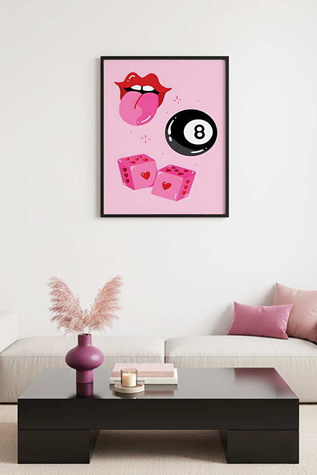 Natural Wood Framed Retro Painting - Hearted Dice and Numbers Pattern |   Huhu2812