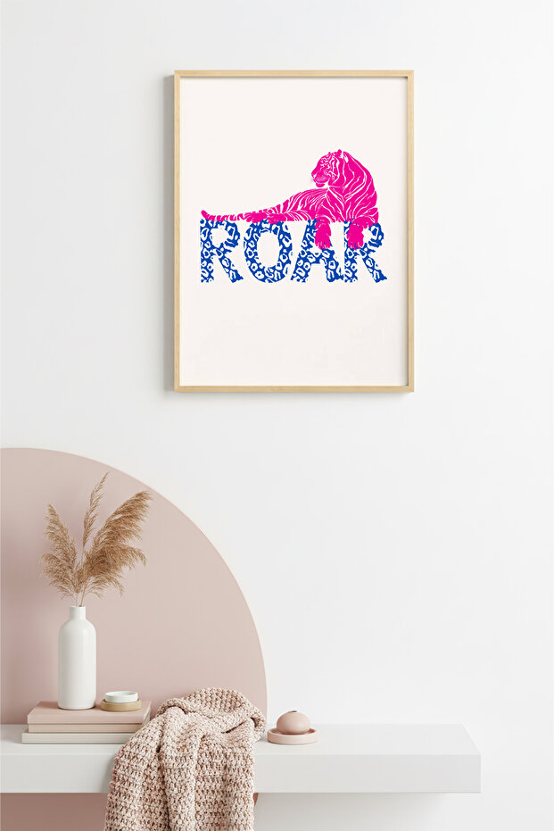 Natural Wood Framed Retro Tiger Painting - Pink and Blue Roar Pattern | Huhu2239 - Single Table Natural Wood Frame