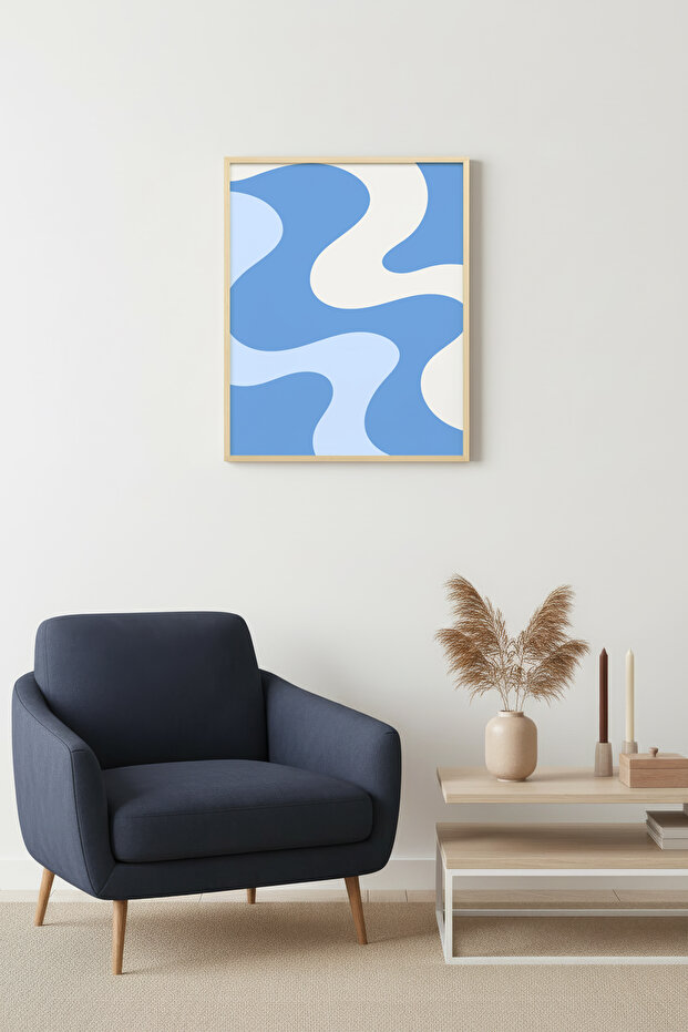 Natural Wood Framed Retro Abstract Wave Painting - Blue Tones | Huhu2630 - Single Table Natural Wood Frame