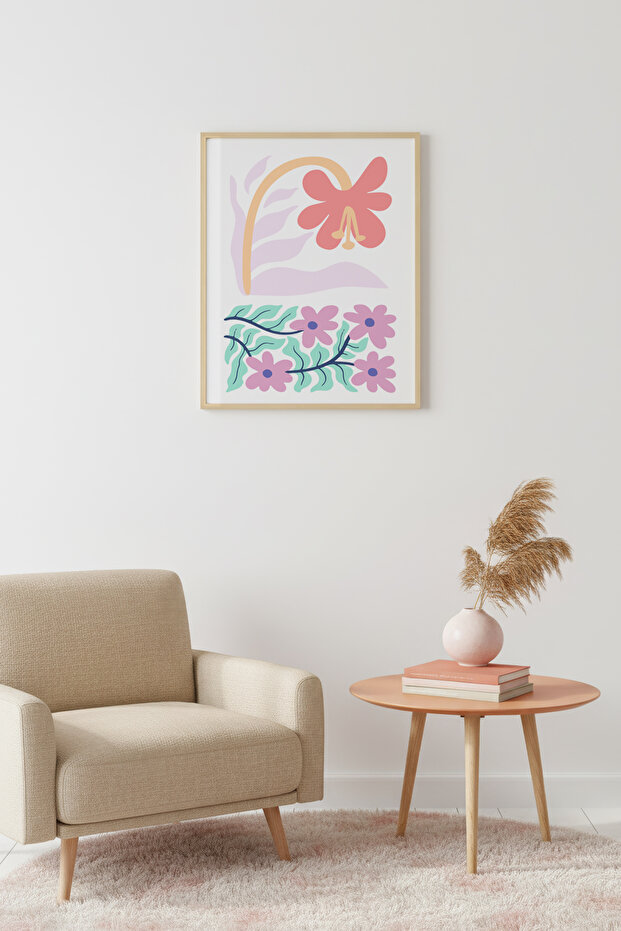 Natural Wood Framed Retro Floral Painting - Pastel Boho Floral Pattern | Huhu2330