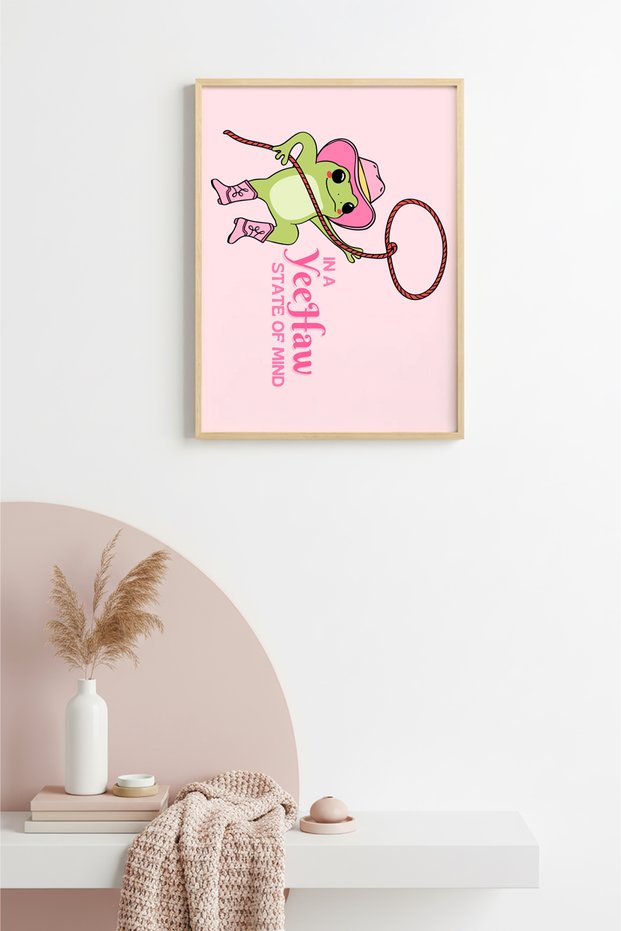 Natural Wood Framed Pop Art Frog Painting - Yeehaw State of Mind Retro | Huhu2345 - Single Table Natural Wood Frame