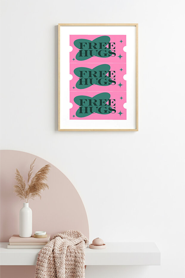 Natural Wood Framed Retro Painting - Green Pink Free Hugs | Huhu2361 - Single Table Natural Wood Frame
