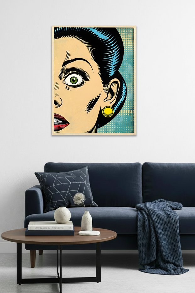 Natural Wood Framed Pop Art Patterned Portrait Painting - Vintage | Huhu1995 - Single Table Natural Wood Frame