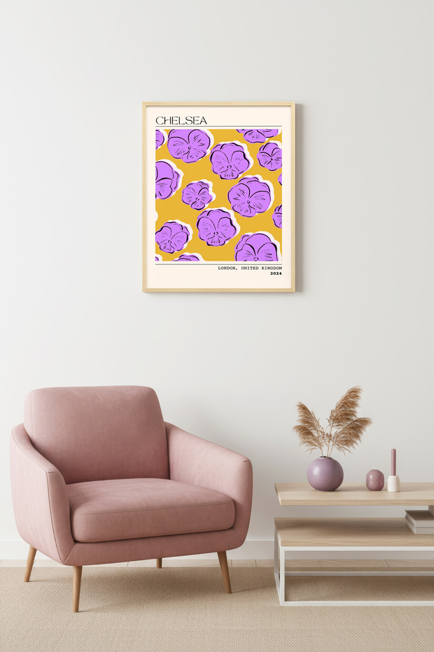Natural Wooden Framed Retro Floral Painting - Lilac Flower Pattern | Huhu2323 - Single Table Natural Wood Frame