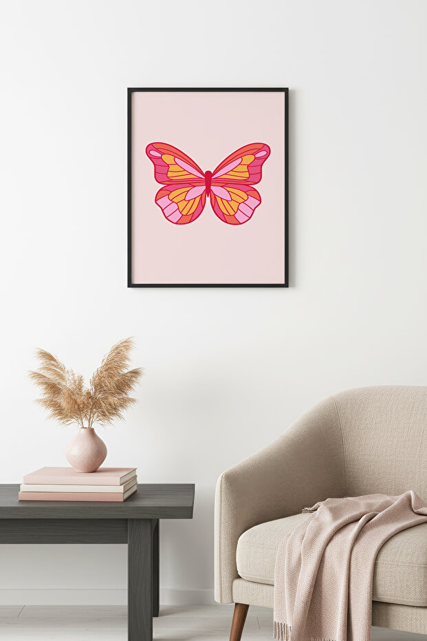Natural Wood Framed Retro Butterfly Painting - Pop Art Patterned | Huhu2648