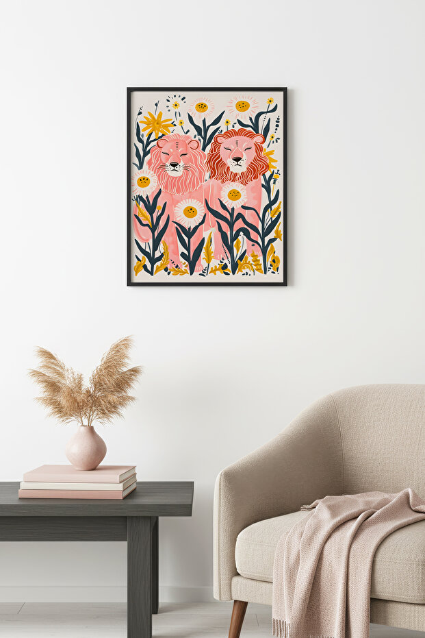 Natural Wood Framed Retro Lion and Flower Pattern Artwork - Pink Tones | Huhu2611