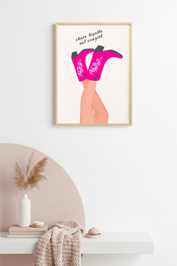 Natural Wood Framed Retro Painting - Chase Tequila Not Cowgirl | Huhu2344 - Single Table Natural Wood Frame