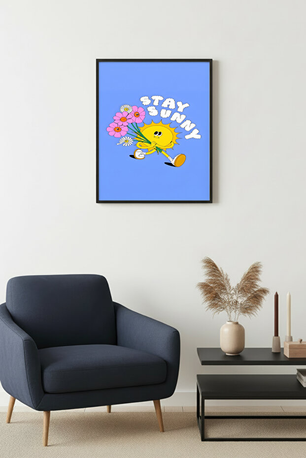 Black Wooden Framed Retro Sun and Floral Painting - Stay Sunny | Huhu2815 - Single Table Black Frame