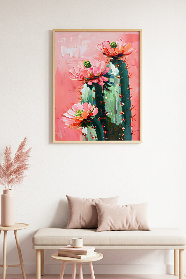 Natural Wood Framed Floral Botanical Painting - Pink Green Tones | Huhu1808 - Single Table Natural Wood Frame