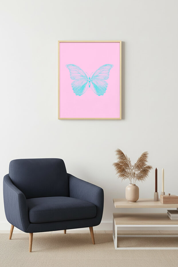 Natural Wood Framed Butterfly Painting - Retro Pastel Tones - Minimal Pattern | Huhu2800