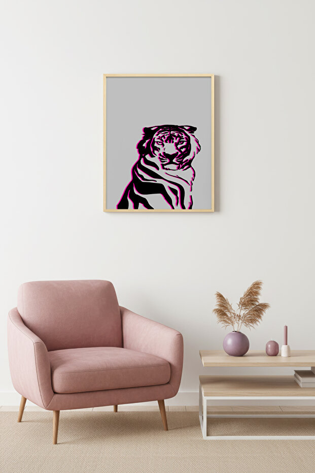 Natural Wood Framed Retro Tiger Painting - Pop Art Graphic Design | Huhu2327 - Single Table Natural Wood Frame