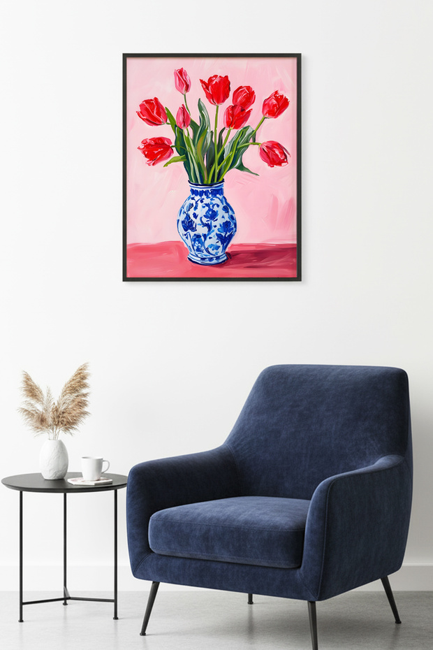 Natural Wooden Framed Tulip Patterned Painting - Red Spring Theme | Huhu1762