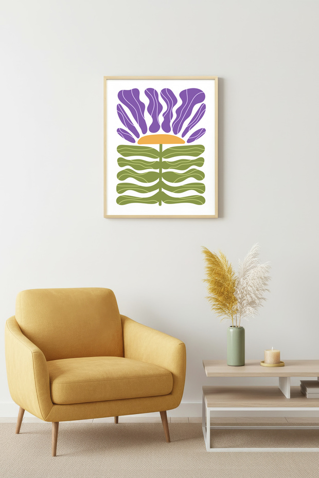 Natural Wood Framed Abstract Retro Painting - Purple Floral Botanical Pattern | Huhu2280 - Single Table Natural Wood Frame