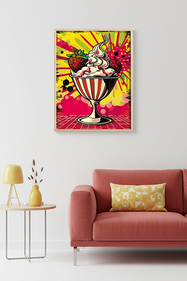 Natural Wood Framed Retro Ice Cream Themed Painting - Vibrant Pop Art | Huhu2038 - Single Table Natural Wood Frame