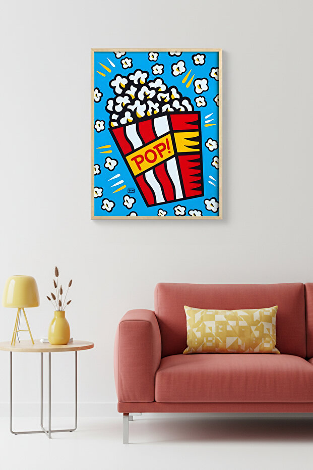 Natural Wood Framed Popcorn Patterned Painting - Red-Yellow Cinema | Huhu1960 - Single Table Natural Wood Frame