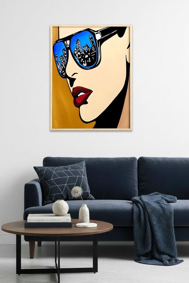 Natural Wood Framed Black and Blue Portrait Painting - City View | Huhu1917 - Single Table Natural Wood Frame