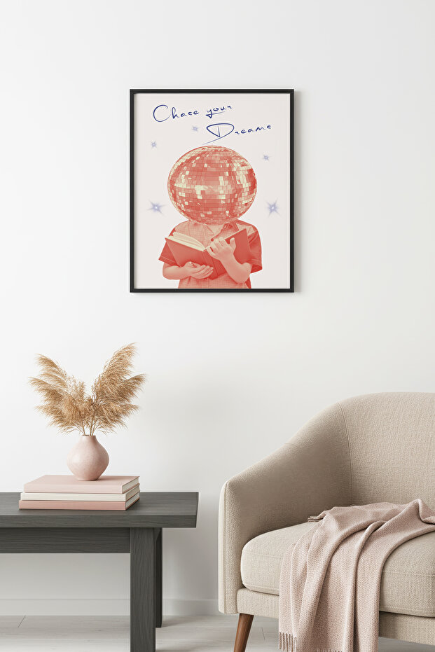 Natural Wood Framed Retro Painting - Pink Geometric Disco Pattern | Huhu2567