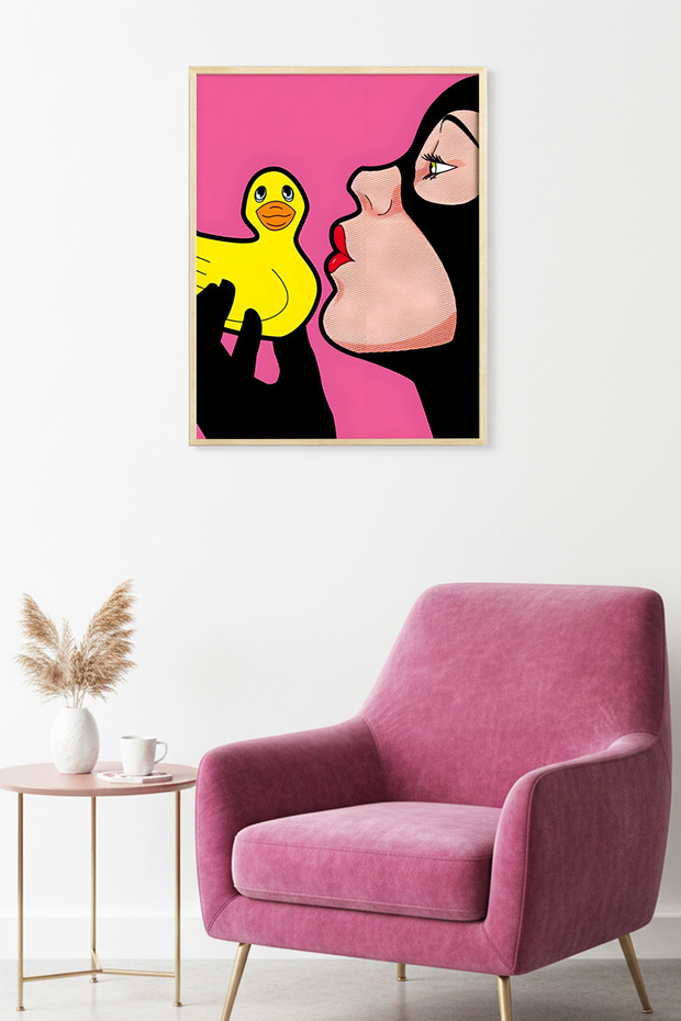 Natural Wood Framed Cartoon Patterned Painting - Yellow and Pink Tones | Huhu1935 - Single Table Natural Wood Frame