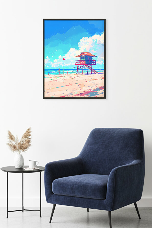 Natural Wood Framed Coastal Painting - Illustrative Pattern - Summer Theme |   Huhu1838