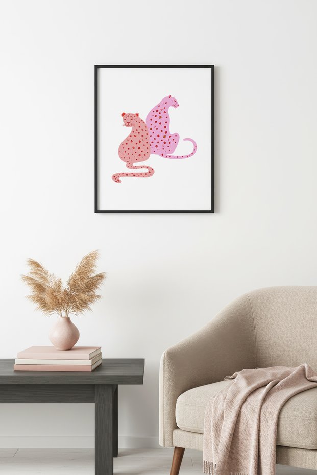 Black Wooden Framed Retro Animal Painting - Pink Leopard Portrait | Huhu2301 - Single Table Black Frame