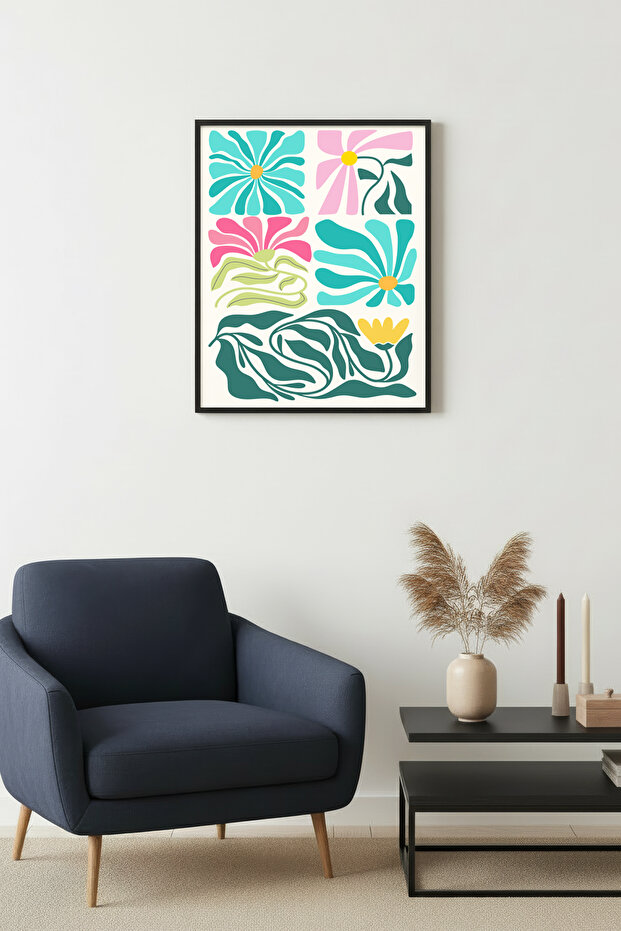 Black Wooden Framed Vivid Floral Retro Painting - Abstract Patterns | Huhu2602 - Single Table Black Frame