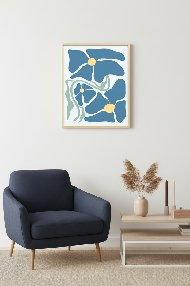 Natural Wood Framed Retro Floral Painting - Boho Floral Blue Green Pattern | Huhu2742 - Single Table Natural Wood Frame