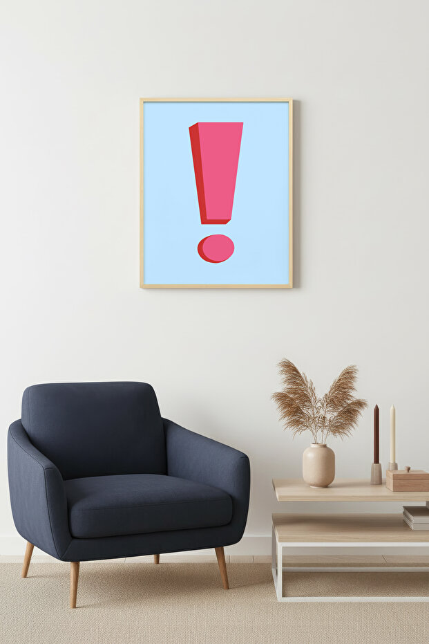 Natural Wood Framed Retro Exclamation Mark Painting - Minimalist Red | Huhu2730 - Single Table Natural Wood Frame