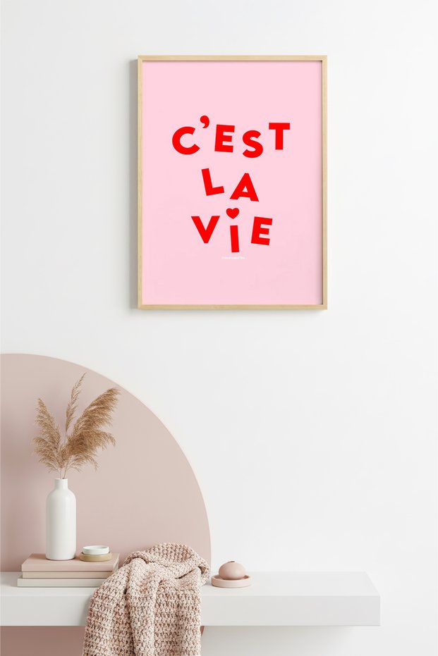 Natural Wood Framed Retro Quote Painting - C'Est La Vie French Saying | Huhu2421 - Single Table Natural Wood Frame