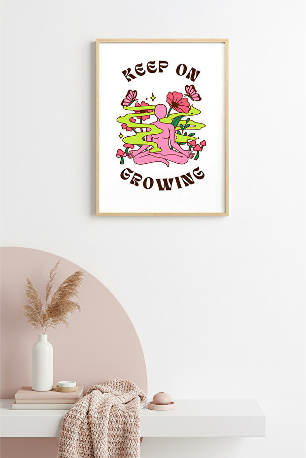 Natural Wood Framed Retro Painting - Boho Floral Woman | Huhu2279 - Single Table Natural Wood Frame