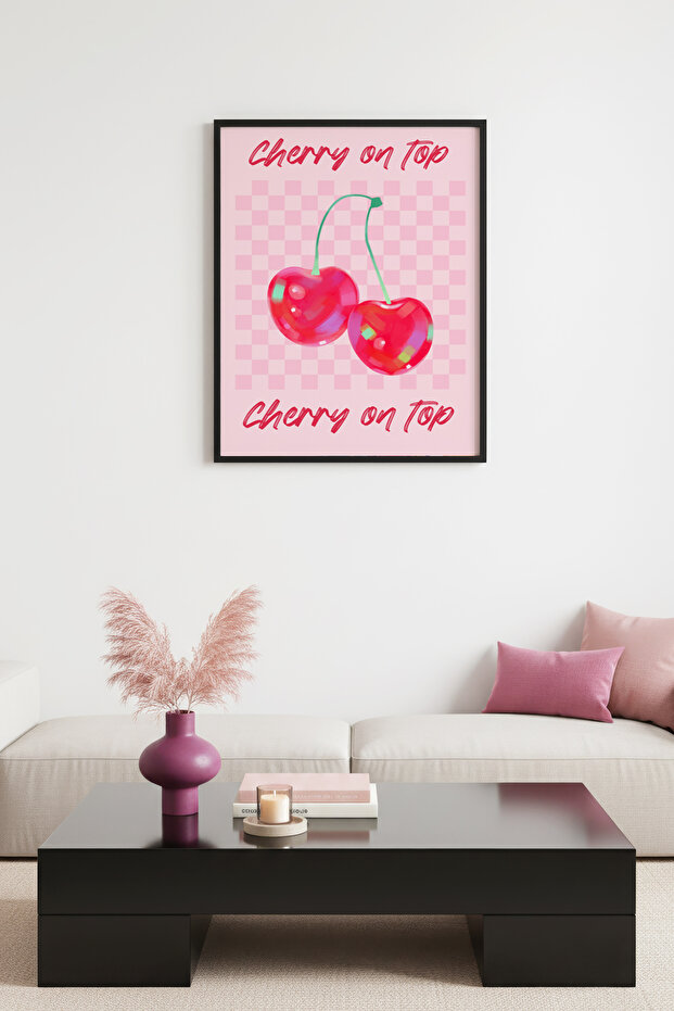 Natural Wood Framed Pop Art Cherry on Top Painting - Retro Cherry Pattern | Huhu2604