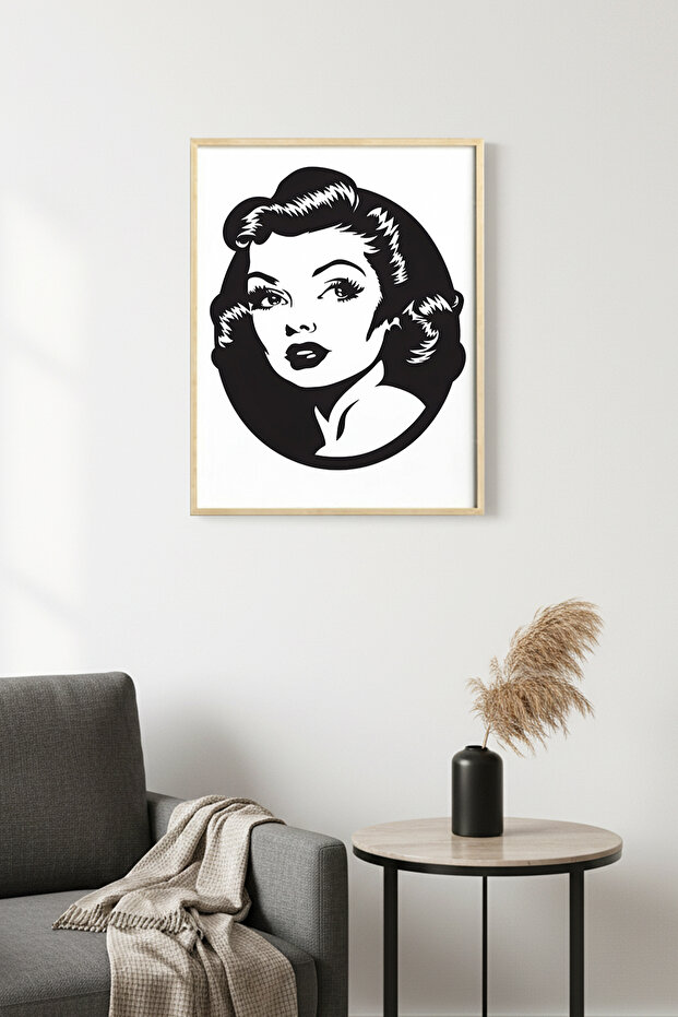 Natural Wood Framed Retro Portrait Patterned Painting - Black and White | Huhu1980 - Single Table Natural Wood Frame