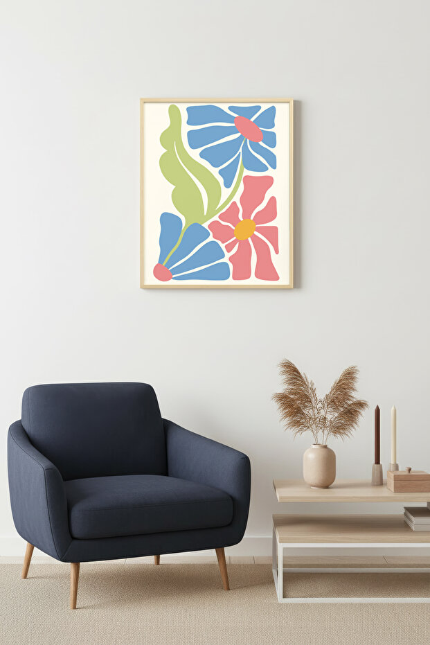 Natural Wood Framed Retro Floral Painting - Boho Floral Pattern | Huhu2769