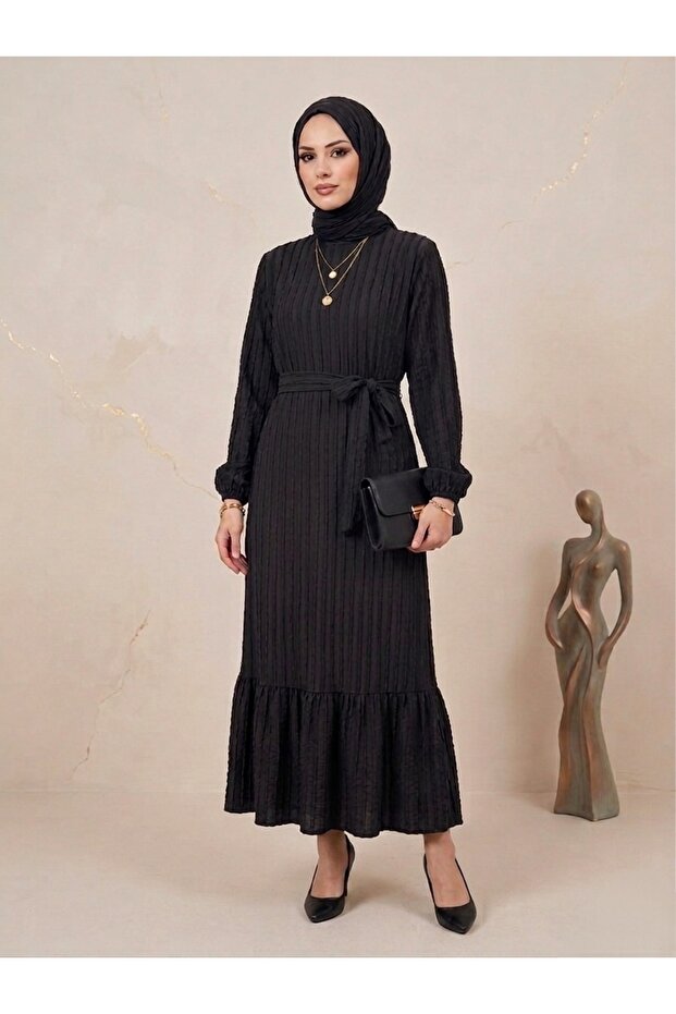 Women's Black Wrinkled Textured Stretchy Maxi Length Ruffled Hijab Dress - Flowy and No Ironing Needed