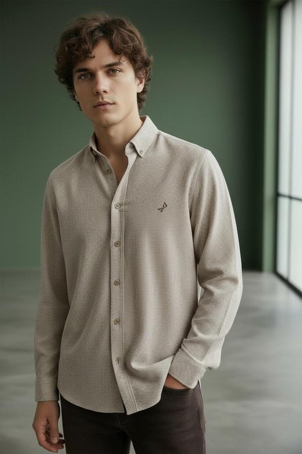 İnterview Goias Buttoned Collar Pinstripe Cotton Linen Light Brown Shirt