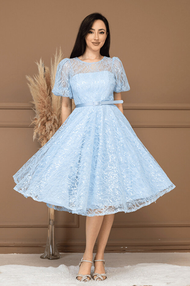 Sequin Sequin Balloon Collar Midi Dress - Baby Blue