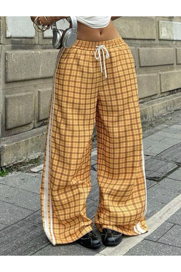 Yellow Plaid Detail Double Striped Y2K Style Trousers Tracksuit